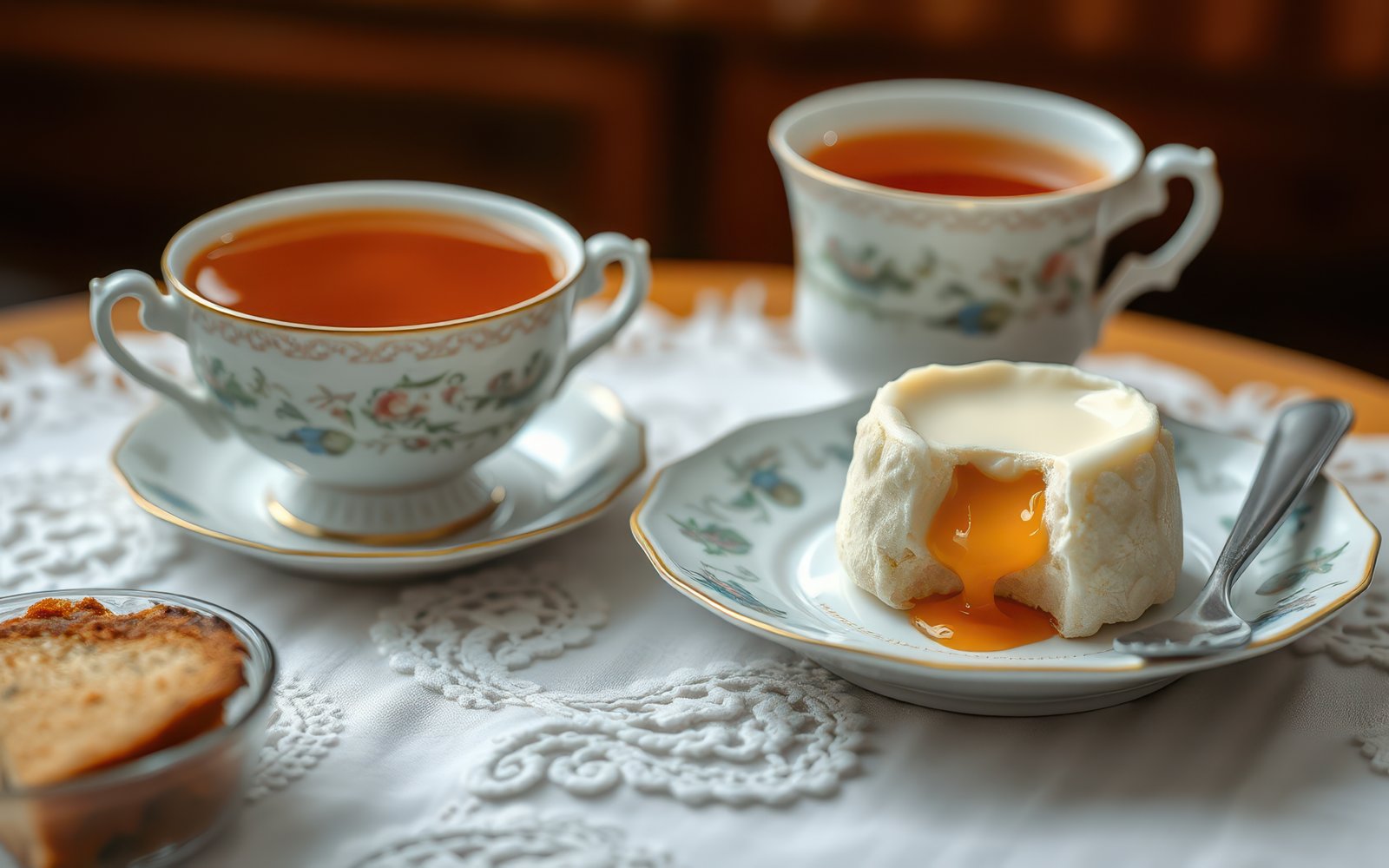 A delicious dessert with a runny yolk center sits on a plate next to a cup of tea and a saucer